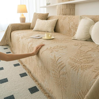 HANDONTIME Washable Couch Covers for Sofa Boho Couch Covers for 3 Cushion Sofa Pet Friendly Camel Chenille Jacquard Couch Protector for Dogs Plant Branch Sectional Cover Sofa Slipcovers, 71" X 134"