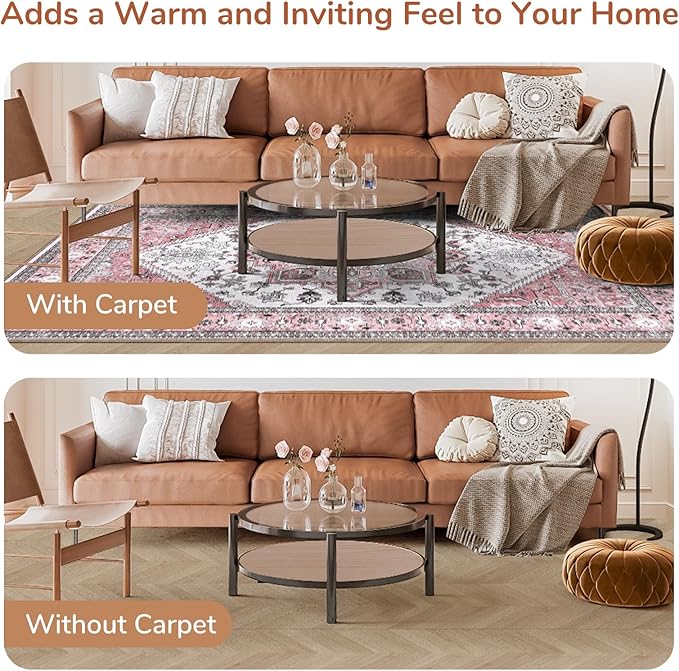 OPPODREAM Soft Area Rugs 4x6, Low-Pile Washable Rugs 4x6 with Non Slip Backing, Faux Cashmere 4 x 6 Throw Carpet, Pink & Cream