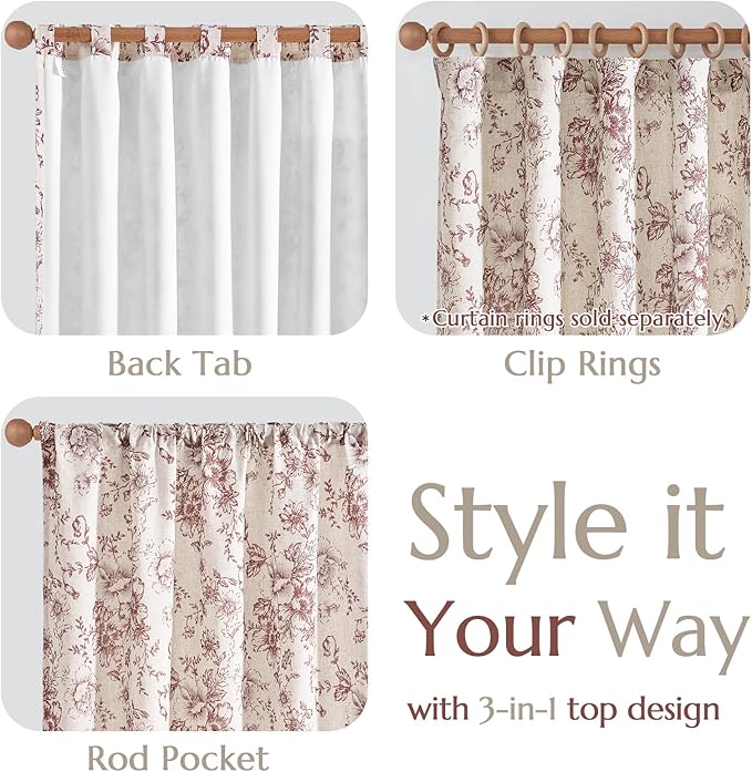 jinchan Lined Linen Blend Curtain Floral Curtains for Living Room 96 Inches Long Farmhouse Red Flower Printed Curtain Rod Pocket Back Tab Peony Patterned Drapes Curtains Set 2 Panels