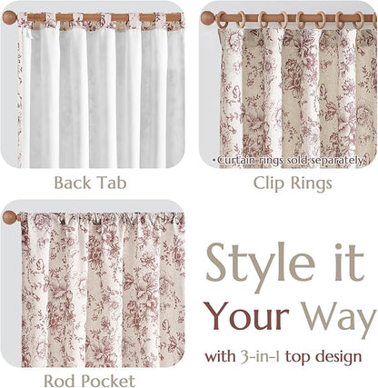 jinchan Lined Linen Blend Curtain Floral Curtains for Living Room 96 Inches Long Farmhouse Red Flower Printed Curtain Rod Pocket Back Tab Peony Patterned Drapes Curtains Set 2 Panels