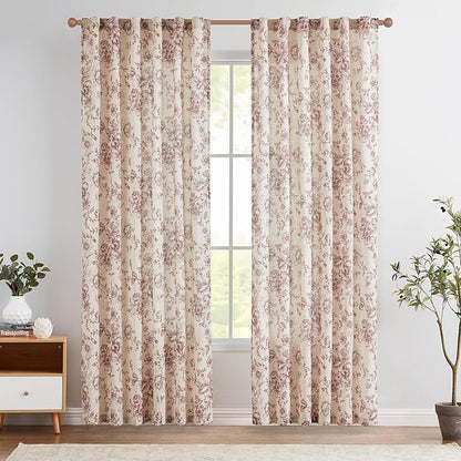jinchan Linen Blend Curtain Floral Curtains for Living Room 84 Inch Length Farmhouse Brick Red Printed Curtain Rod Pocket Back Tab Peony Flower Patterned Drapes Curtains Set 2 Panels