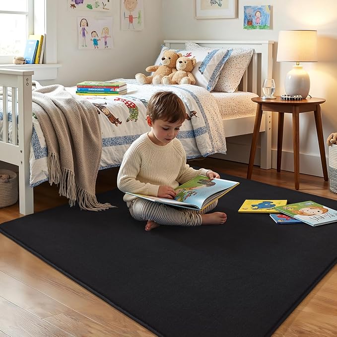 Amearea 4x4 Square Area Rugs for Bedroom Living Room, Modern Black Thickened Memory Foam Rug, Fluffy Indoor Washable Rug Non Slip Minimalist Carpet for Entryway Kids Boys Girls Dorm Nursery Room Decor