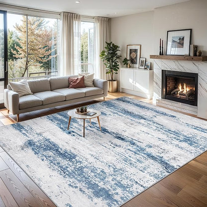 Area Rugs Living Room Rug - 5x7 Washable Modern Abstract Soft Neutral Non-Slip Carpet Large Indoor Floor Thin Carpets for Bedroom Dining Room Farmhouse Nursery Home Office White Blue Grey
