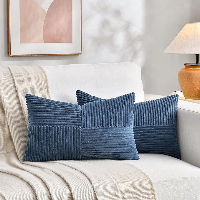 Fancy Homi 2 Packs Dusty Blue Lumbar Decorative Throw Pillow Covers 14x22 Inch for Couch Bed Sofa, Rustic Farmhouse Boho Home Decor, Soft Striped Corduroy Rectangle Accent Cushion Case 35x55 cm