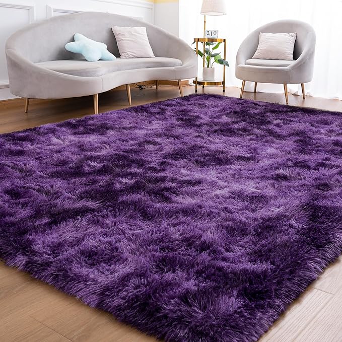 Goideal Fluffy Rug for Bedroom Living Room, 3x5 Purple Area Rugs, Faux Fur Shag Modern Carpet Ultra Soft Girls Boys Room Home Decor, Tie-Dyed