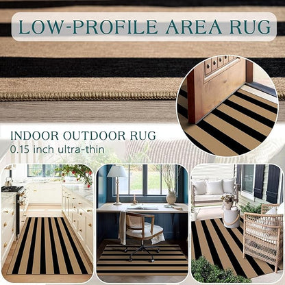 Black Tan Striped Entry Rug - 3x5 Ft Washable Indoor Outdoor Front Door Mat Outside Entrance Front Porch Mat Non-Slip Floor Carpet for Living Room Bedroom Entryway Kitchen Office Porch Decor