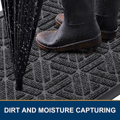 Smiry Front Door Mat Outside Entrance, Heavy Duty Sturdy Natural Rubber Doormat, Trap Dirt and Moisture, Easy Clean Low Profile Mats for Indoor Outdoor Entry, Grid Geometric (47x32, Grey)