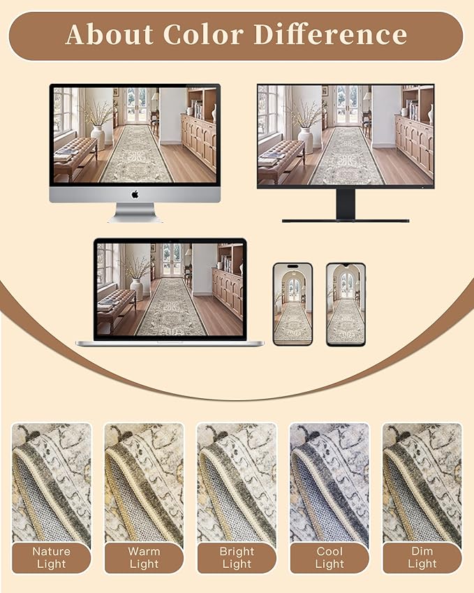 Madane Hallway Runner Rug 2'6''x14' Kitchen Runner, Non Slip Vintage Runners for Hallways Washable Kitchen Rugs Soft Low Pile 2.5x14 ft Rug Runner for Laundry Room, Entryway and Bedroom, Ivory/Brown