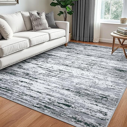 Lansny Modern Abstract 5x7 Machine Washable Area Rug Non-Slip Soft Bedroom Living Romm Rug Black Gray White Ultra Thin Print Faux Wool Floor Carpet Throw Rugs for Nursery Playroom Dining Room Indoor
