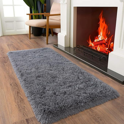 Ultra Soft Runner Rugs for Bedroom Hallways with Upgraded Non-Slip Rubber Backing & Thick Memory Sponge, 2 Packs 2x4 Feet Fluffy Shag Throw Area Rug for Bedside Dorm Dark Grey