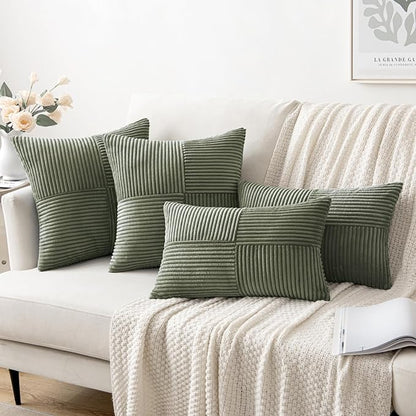 MIULEE Light Olive Green Decorative Throw Pillow Covers 18x18 Inch for Couch Bed Sofa Pack of 2 Boho Farmhouse Throw Pillows Soft Cross Corduroy Patchwork Textured Cushion Cases