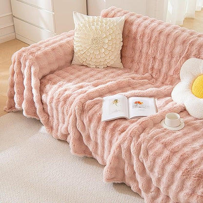 HANDONTIME Faux Fur Plush Sofa Covers for Couch Washable Rabbit Plush Couch Cover Cozy Faux Fur Sectional Covers for Dogs Fluffy Plush L Shaped Sofa Cover Pet Couch Protector, 71" X134", Pink