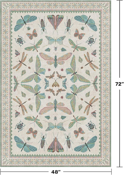 Light Blue and Pink Rug 4x6 Rugs for Bedroom Under Bed - Insect Print Multi Color Decor, Low Pile Non Slip Stain Resistant Throw Rug for Nursery Room Boys, Kitchen, Floor Carpet Aesthetic