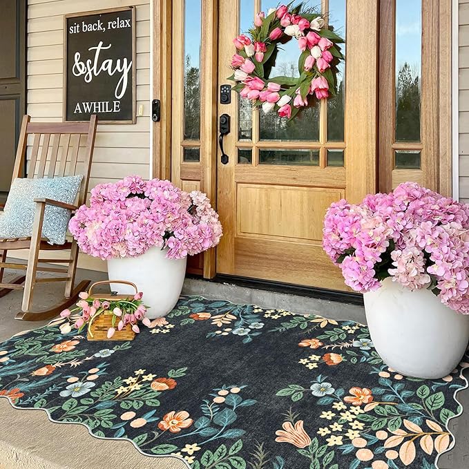 Black Floral Entry Rug - 3x5 Ft Washable Indoor Outdoor Mats for Front Door Porch Rug Non-Slip Spring Door Mat Boho Throw Rugs for Living Room Bedroom Entryway Kitchen Office Porch Decor