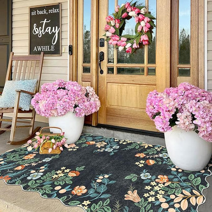Black Floral Entry Rug - 3x5 Ft Washable Indoor Outdoor Mats for Front Door Porch Rug Non-Slip Spring Door Mat Boho Throw Rugs for Living Room Bedroom Entryway Kitchen Office Porch Decor