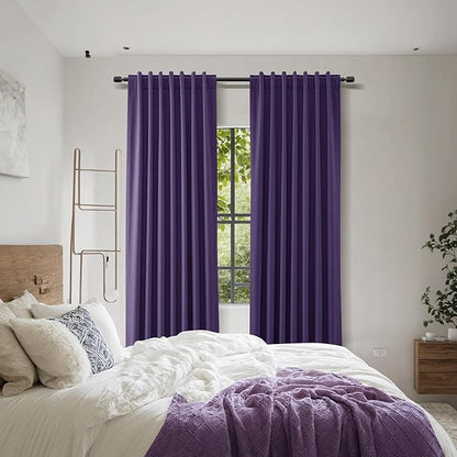 Guken 100% Blackout Curtains 90 Inch Length 2 Panels Set for Living Room Bedroom Back Tab Thermal Insulated Black Out Linen Drapes Room Darkening New Purple,52x90