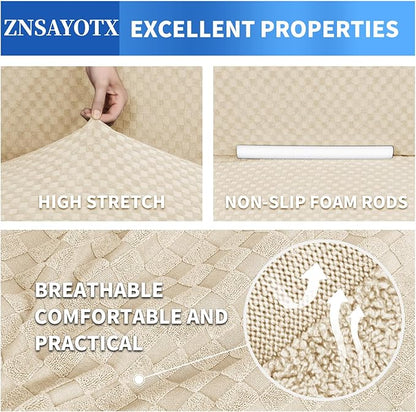 ZNSAYOTX 1 Piece Jacquard Couch Covers for 3 Cushion Couch Living Room High Stretch Sofa Cover Pets Dogs Friendly Anti Slip Thickened Slipcovers Furniture Protector (Sofa, Light Biege)