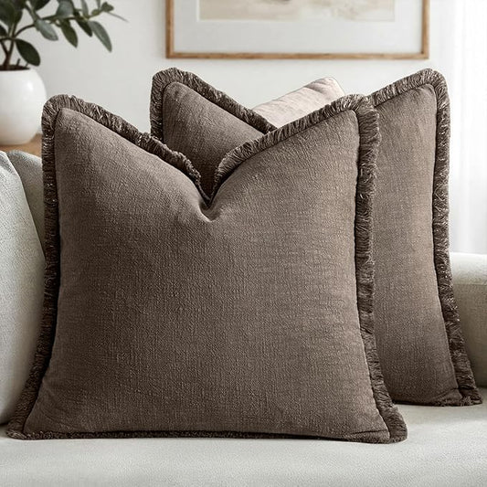 MIULEE Decorative Throw Pillow Covers Neutral Linen Fringe Throw Pillows Euro Shams Set of 2 Natural Coffee Boho Farmhouse Cushion Covers for Couch Sofa Bed Living Room Spring Home Decor 26x26 Inch