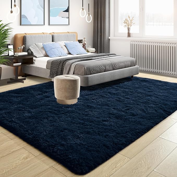 Tepook Soft Fluffy Rugs for Bedroom, 4x6 Area Rug for Living Room, Modern Shaggy Room Rug for Kids Boys Girls, Plush Throw Rugs Indoor Nursery Home Decor Rug with Non-Slip Bottom, Navy Blue