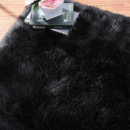 ORINOVA Black Faux Sheepskin Washable Fluffy Fur Rugs for Bedroom Fuzzy Nursery Rug 3x5 Rectangle Rug Cute Room Home Décor