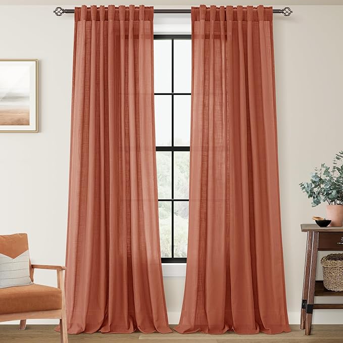 92 inch Linen Terracotta Curtains 2 Panels for Living Room Back Tab Light Filtering Semi Sheer Rust Colored Curtains 92 inches Long Soft Thick Cotton Cloth Textured Rustic Boho Farmhouse Room Decor