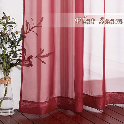 NICETOWN Christmas Sheer Window Curtains for Bedroom - Ring Top Light Weight Diaphanous Voile Drapes for Thanksgiving Day/New Year (54" W x 45" L, Haute Red, 2 Panels)