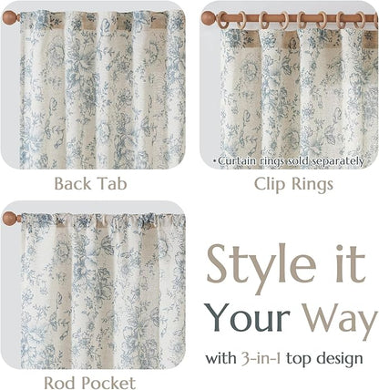 jinchan Linen Floral Curtains 96 Inch Length for Living Room Bedroom Light Filtering Farmhouse Peony Flower Drapes Rustic Window Curtain Set Rod Pocket Back Tab 2 Panels Blue