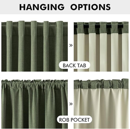 MIULEE 100% Blackout Linen Curtains for Bedroom, Olive Green Solid Luxury Decor Thermal Insulation Room Darkening Drapes for Living Room Nursery Back Tab Rod Pocket 42 x 72 Inches, 2 Panels