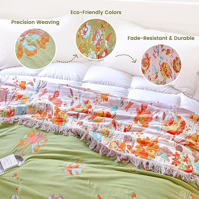 MSGKV Boho Throw Blanket 90"x90" Floral 100% Cotton Blanket with Flower and Butterfly for Bed Spring Breathable Lightweight Farmhouse Queen Blankets Home Decor Muslin