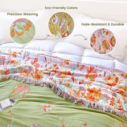MSGKV Boho Throw Blanket 90"x108" Floral 100% Cotton Blanket with Flower and Butterfly for Bed Spring Breathable Lightweight Farmhouse King Blankets Home Decor Muslin