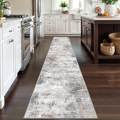 IOHOUZE Abstract Runner Rug 2x12 Ft Washable Runners for Hallways, Non Slip Kitchen Runner Printed Faux Wool Entryway Runner Indoor, Modern Abstract Floor Carpet for Hall Kitchen, Grey Beige