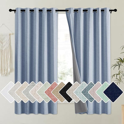 NICETOWN Stone Blue Vintage Linen 100% Blackout Curtains for Kitchen, Thermal Insulated Curtains 63" Long, Noise Reducing Window Treatment Drapes for Dorm Room, 62" Wide Per Panel, Set of 2