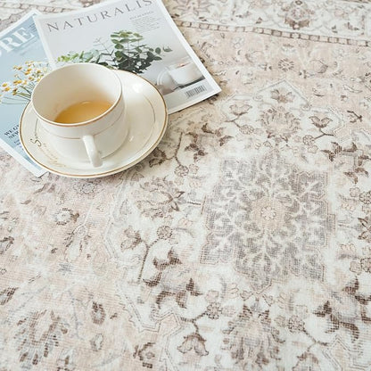 Living Room 4x6 Area Rugs: Vintage Farmhouse Washable Non-Slip Rug for Bedroom Dining Room Ultra Thin Soft Carpet for Nursery Kitchen Durable Low-Pile Neutral Floor Mat for Pet Owners(4x6 Beige)