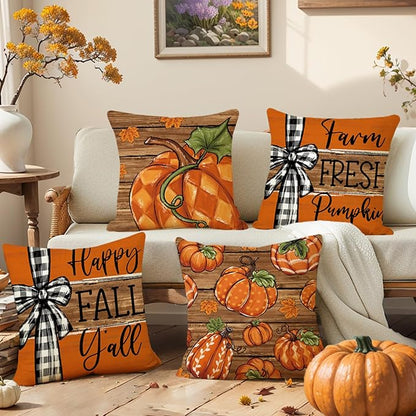 Fall Decorations for Home,Fall Pillow Covers 18 x 18 Inch Autumn Thankful Grateful Blessed Pumpkin Linen Pillow Decorations for Sofa Couch Set of 4