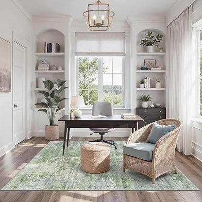 Soalmost Area Rugs 4x6 for Living Room, Vintage Washable Rugs for Dining Room, Kitchen, Non-Slip Area Rug Green Ivory
