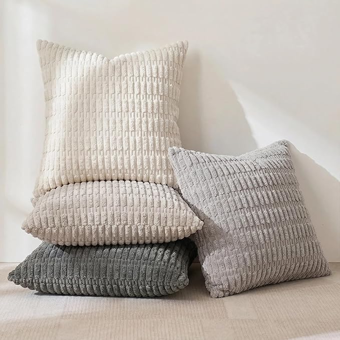 Fancy Homi Set of 4 Grey and White Decorative Throw Pillow Covers 12x12 Inch for Couch Bed Chair, Modern Farmhouse Boho Room Decor, Soft Fuzzy Double Sided Corduroy Textured Striped Cushion Case 30cm