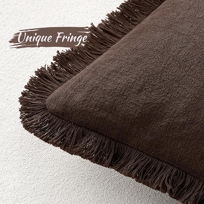 MIULEE Decorative Throw Pillow Covers Neutral Linen Fringe Throw Pillows Set of 2 Dark Brown Boho Farmhouse Cushion Covers with Tassels for Couch Sofa Bed Living Room Spring Decor 18x18 Inch
