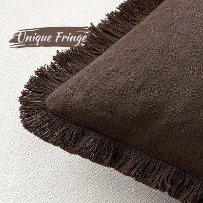 MIULEE Decorative Throw Pillow Covers Neutral Linen Fringe Throw Pillows Set of 2 Dark Brown Boho Farmhouse Cushion Covers with Tassels for Couch Sofa Bed Living Room Spring Decor 18x18 Inch