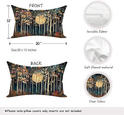 Rustic William Morris Inspired Forest Moon Decor Pillow Covers 12x20 Set of 4,Vintage Botanical Nature Landscape Decorative Throw Pillow Covers for Home Bedroom Living Room,Fall Home Room Decor
