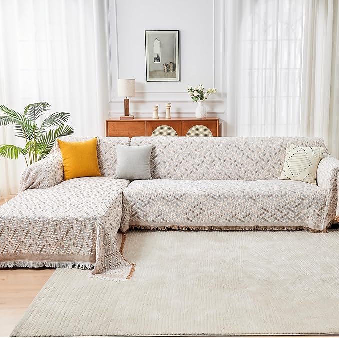 HOMERILLA Sectional Couch Covers for Sectional Sofa L Shaped Sofa Cover Blanket 2 Pieces L Shape Furniture Protector for Pets Dogs(Khaki White, X-Large)
