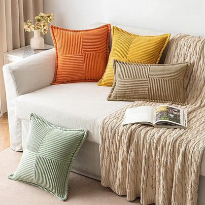 MIULEE Decorative Throw Pillow Covers for Couch Bed Livingroom 16x16 Inch Set of 2 Khaki Boho Accent Throw Pllows Broadside Striped Patchwork Soft Corduroy Pillowcases