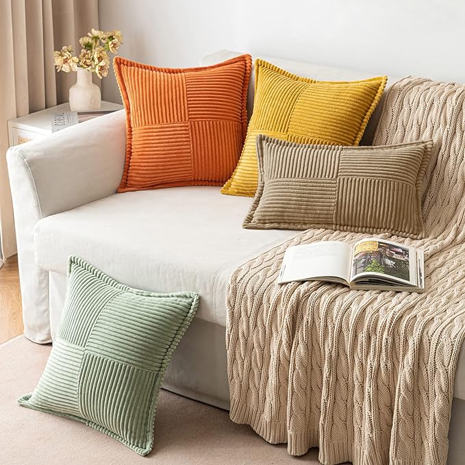 MIULEE Khaki Corduroy Decorative Euro Sham Pillow Covers 24x24 Inch with Splicing Set of 2 Soft Boho Pillow Covers Broadside Textured Pillowcases for Couch Bed Livingroom