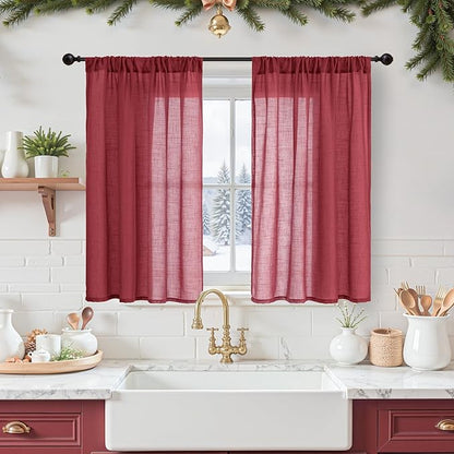 BGment Burgundy Linen Kitchen Curtains 40 Inch Length, Short Semi Sheer Drapes with Rod Pocket for Cafe Bathroom Over Sink Windows Lightweight, 2 Panels Set, Each 42 Inch Wide