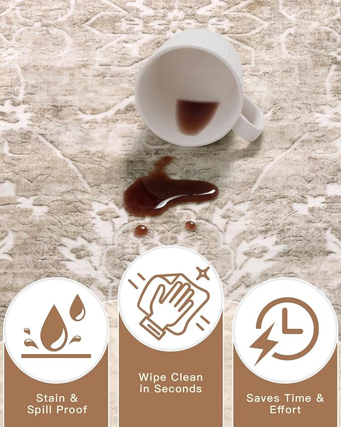 Madane 3x5 Area Rugs for Entryway,Washable Vintage Low Pile Non-Slip Throw Area Rugs, Accent Rug Floral Print Indoor Mat for Bedside Living Room Kitchen Bedroom, Brown/Sand