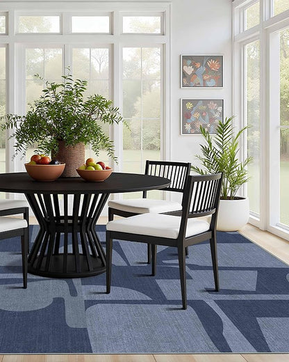 Latte&Fog 8x10 Area Rugs for Living Room, Large Modern Abstract Washable Rug, Boho Non Slip Low Pile Carpet for Indoor Bedroom Dining Room, Office, Dorm, Classroom, Farmhouse and Kids Room - Navy Blue