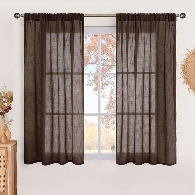 BGment Linen Curtains 54 Inch Length for Window, Brown Semi Sheer Drapes Light Filtering Textured for Living Room Kitchen Bathroom Decor Rod Pocket, 2 Panels Set, Each 42 Inch Wide