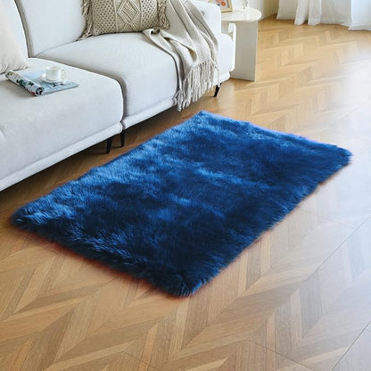 duduta Navy Blue Faux Sheepskin Fur Rug 3x5 ft, Fluffy Shag Bedroom Dorm Nursery Playroom Carpet Rug Non Slip Washable