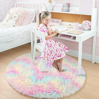 Amdrebio Rainbow Fluffy Round Rug 5Ft Kids Rugs for Girls Bedroom, Unicorn Room Decor, Colorful Pastel Shag Carpet for Playroom Baby Nursery, Cute Furry Kawaii Circle Area Rug for Toddler Princess