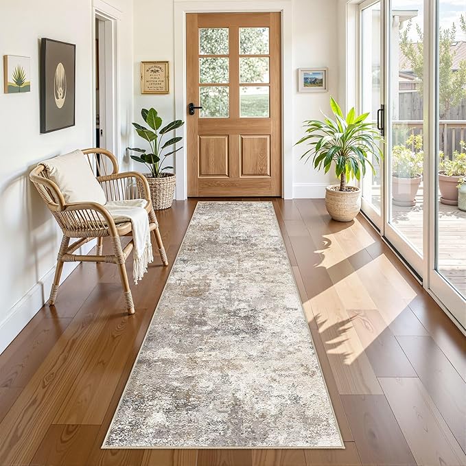 UERMEI 2X8 Washable Runner Rug for Hallway: Soft Neutral Modern Abstract Area Rug - Non-Slip Low Pile Long Throw Indoor Carpet for Kitchen Entryway Kitchen Bedroom Laundry- Brown Grey