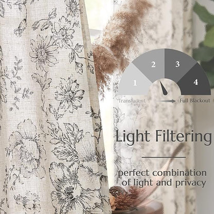 jinchan Linen Floral Curtains 63 Inch Length for Living Room Bedroom Light Filtering Farmhouse Peony Flower Drapes Rustic Window Curtain Set Rod Pocket Back Tab 2 Panels Black